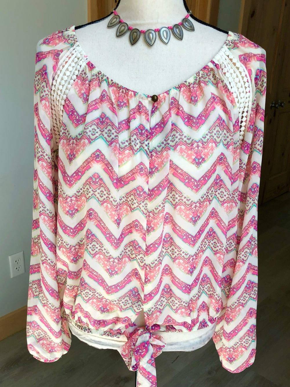 Pink Print Bohemian Tie Front Crochet Accent Top Medium